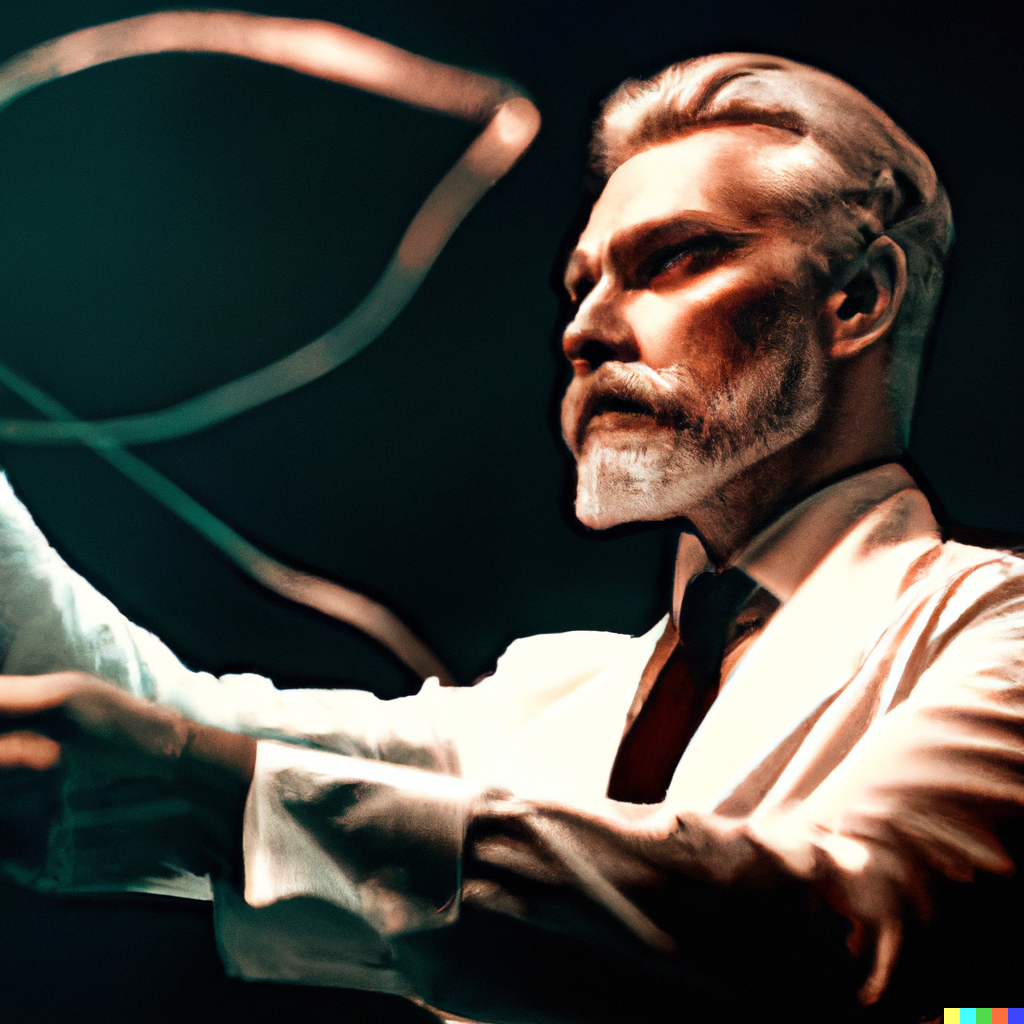 DALL·E 2023-03-18 17.36.48 - an orchestra conductor, his face intense, his eyes bright, white hair, some shook loose across his forehead, no jacket, no tie, wearing a white dress